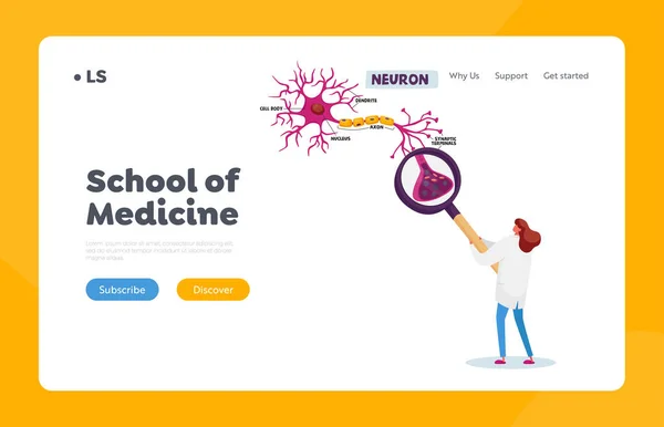 Modèle de page d'atterrissage du laboratoire de l'École de médecine. Minuscule scientifique Caractère féminin dans l'apprentissage des neurones humains Robe Scheme — Image vectorielle