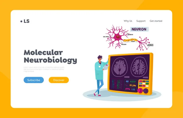 Moleküler Nörobiyoloji İniş Sayfa Şablonu. Küçük Bilim Adamı Erkek Karakteri İnsan Beynine Tıbbi Cübbe Giyiyor — Stok Vektör