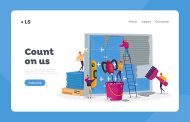 İnşaat ve Ev Yenileme İşleri İniş Sayfa Şablonu. Küçük İşçi Karakterleri Duvara Büyük Seramiklerini Yerleştiriyor