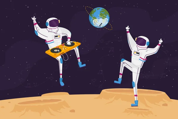 Soirée disco sur planète extraterrestre ou surface lunaire avec DJ et personnages astronautes dansant avec plateau tournant. Hommes de l'espace dans la galaxie — Image vectorielle