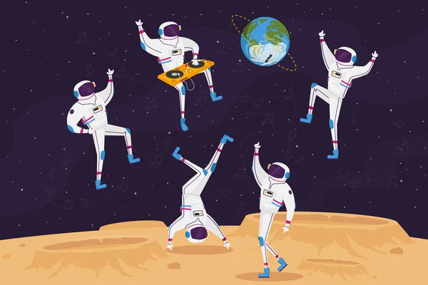 Dj és Astronaut karakterek Tánc lemezjátszó nyílt térben az idegen bolygón vagy a Hold felszínén. Űrhajós Galaxis Party — Stock Vector