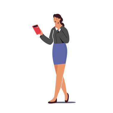 Dişi Karakter, Hesap Makinesi Kadranı 'nda Yüksek Fiyat ile Şok Oldu. Üzgün Yüzlü İş Kadını Maliyetten Memnun Değil