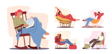 Set Male and Female Characters Relax at Home in Comfortable Chairs or Armchairs, Leisure after Work or Weekend in Room clipart