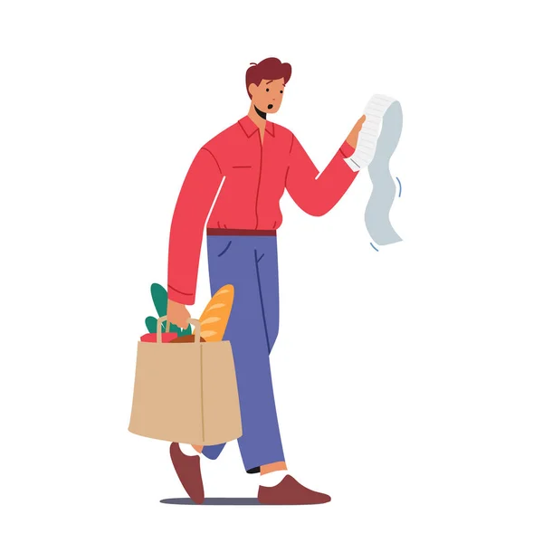 Personaje Masculino Molesto Impresionado con el Precio de los Productos en el Concepto de Tienda. Cliente insatisfecho infeliz con comida en bolsa — Vector de stock