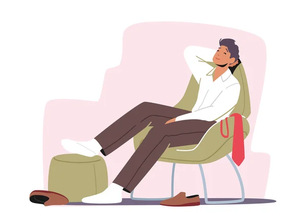 Relax Sparetime Konzept. Müder Geschäftsmann Charakter sitzt in bequemen Stuhl mit Beinen auf Hocker und Streuschuhe — Stockvektor