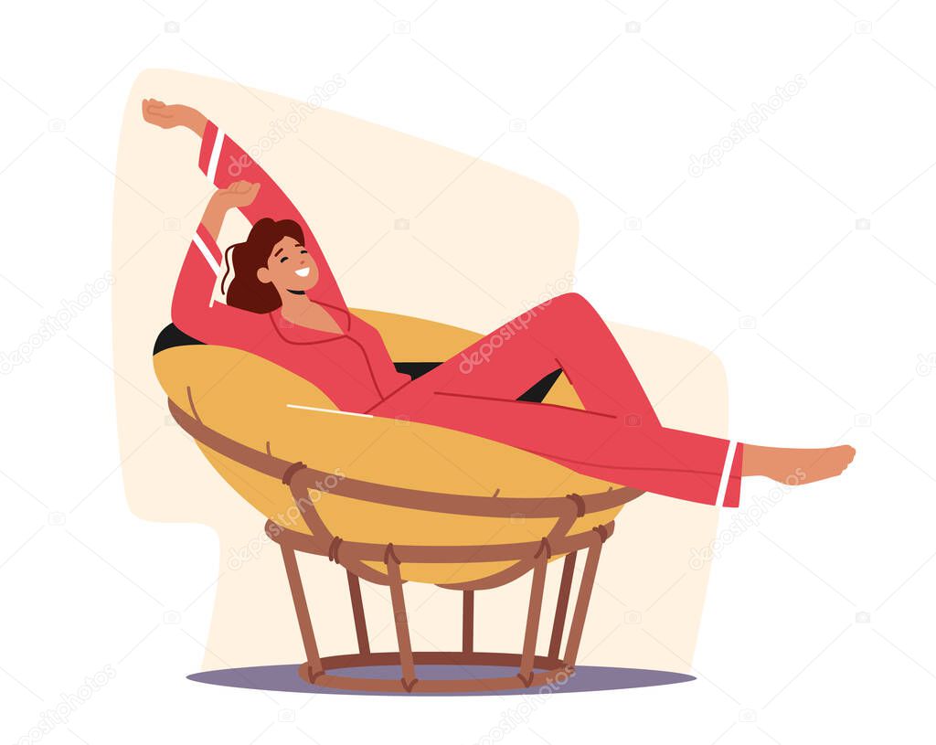 Female Character in Pajama Stretching and Relaxing in Comfortable Soft Round Chair. Woman Use Modern Furniture Design