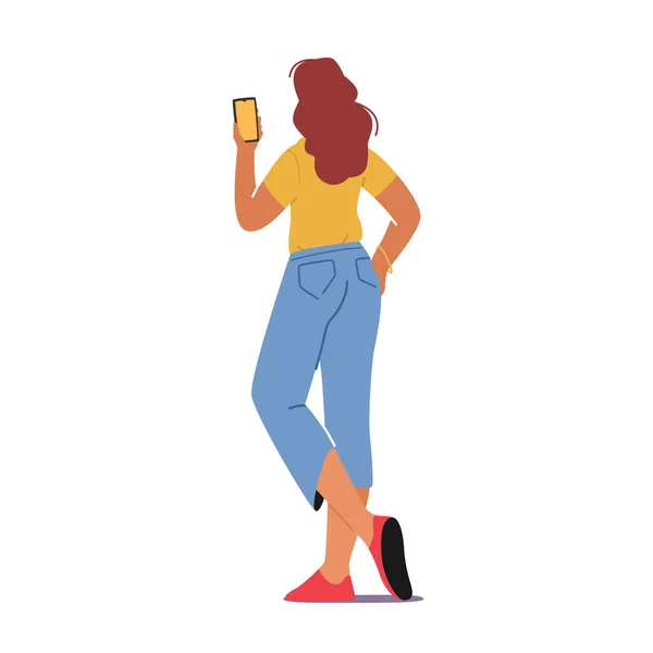 Young Woman Rear View Writing Sms in Mobile Phone, Comunicarea în Social Media Networks, Vizionarea Video — Vector de stoc