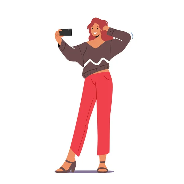 Nowoczesny Modny Dziewczyna Nastolatek Dokonywanie Selfie na smartfonie. Postać młodej kobiety pozowanie i fotografowanie na telefon komórkowy — Wektor stockowy