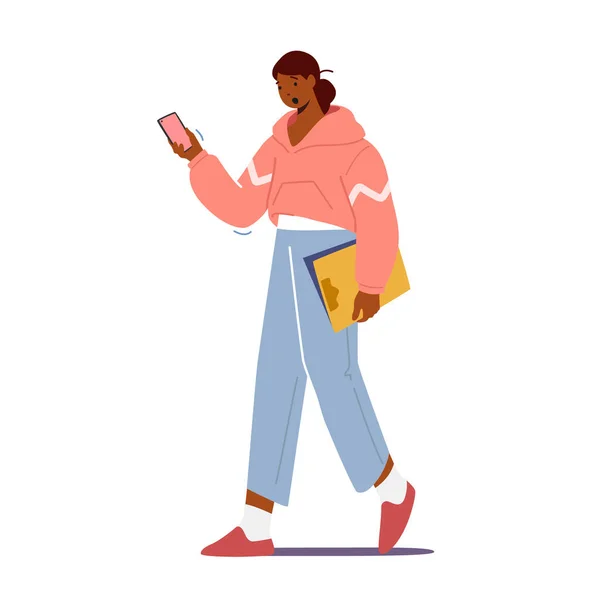 Studentin Mädchen Teenager Charakter SMS schreiben oder auf dem Handy anrufen. Junge Frau verschickt Nachrichten per Handy an Freunde — Stockvektor
