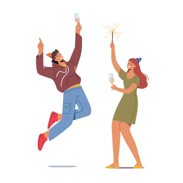 Celebración de cumpleaños o fiesta de eventos. Gente alegre en sombreros festivos con copas de vino y chispas en la mano Celebrando — Vector de stock