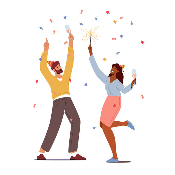 Празднование дня рождения. Весёлые персонажи в праздничных шляпах с очками и искорками в руках празднуют праздник