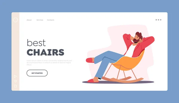 Design de móveis, Relaxante Sparetime Landing Page Template. Relaxado homem em casa roupas sentado em cadeira confortável —  Vetores de Stock