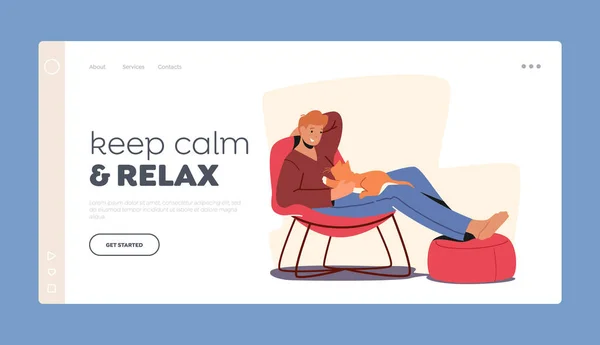 Furniture Design, Relaxing Sparetime Landing Page Template. Relaxed Male Character with Cat on Hands Sitting in Chair — Stock Vector
