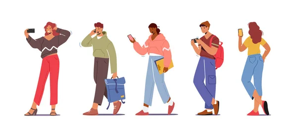 Personajes juveniles con teléfonos, Teens Smartphone Communication Concept. Hombres y mujeres jóvenes celebración de móviles de chat — Archivo Imágenes Vectoriales