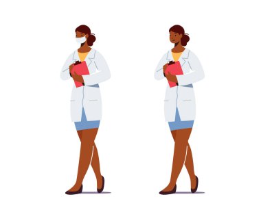 Doktor ya da Hemşire Beyaz Bornozlu Kadın Doktor Klipsli Tıbbi Maske Giyin. Klinik, Hastane Personel Çalışması