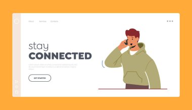 Mobil Bağlantı, İniş Sayfası Şablonu için İletişim Konsepti. Akıllı Telefonlu Genç Öğrenci Erkek Karakteri