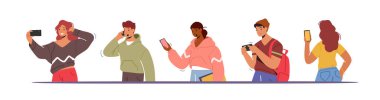 Telefonlu Gençlik Karakterleri, Akıllı Telefon İletişim Konsepti. Genç erkekler ve kadınlar cep telefonlarını tutuyor, sohbet ediyorlar.