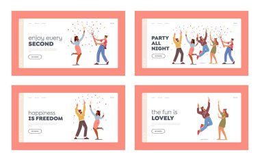 Festivalsel Olay İniş Şablonu Ayarlandı. Genç Karakterler Şarap Kadehleri ve Maytap Tutar Tatili kutlar, İçer