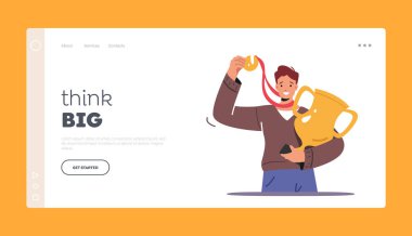 Hedef Başarı, Finansal Zenginlik İniş Sayfa Şablonu. Altın Kadehli Başarılı İşadamı Karakteri