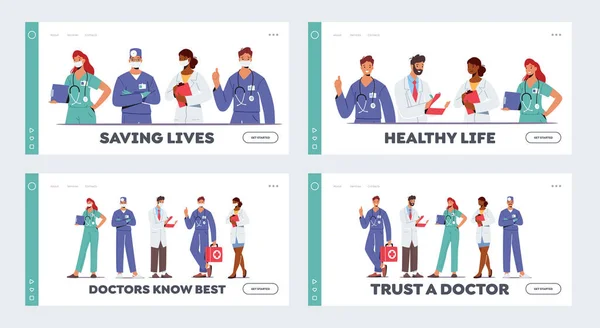 Doctor Characters in Medical Robe in Row Landing Page Template Set. Hospital Healthcare Staff with Medic Stuff, Medicine