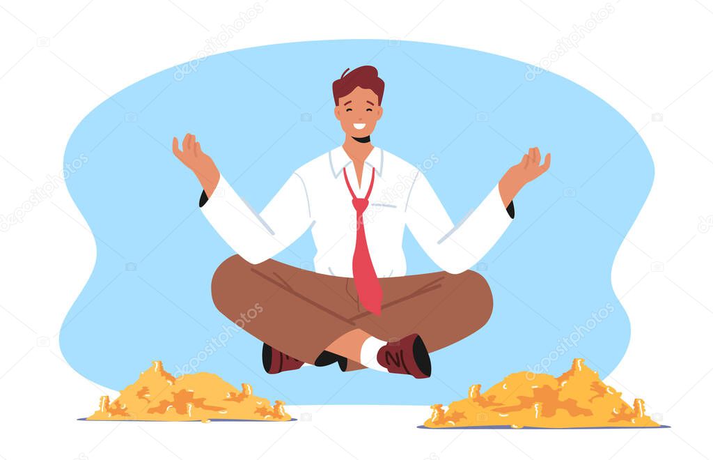 Rich Male Character Meditate Floating above Pile of Golden Coins. Wealth and Prosperity Concept. Successful Millionaire