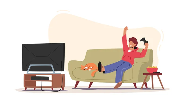 Niño jugando videojuegos. Niño feliz personaje sentado frente a la televisión con Joystick en las manos, realidad virtual — Vector de stock