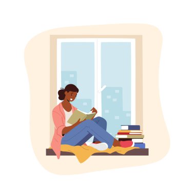 Eğitim, Okuma Hobisi. Pencere kenarında oturan bir kadın karakteri kitabı. Öğrenci Sınava Hazırlan