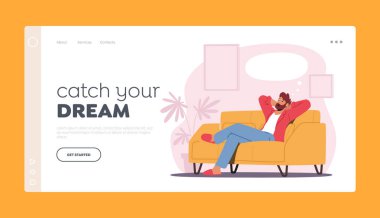 Rüya, Rahat Sparetime İniş Sayfa Şablonu. Ev Giysilerinde Erkek Karakteri Rahat Kanepe Esnemesinde Oturur