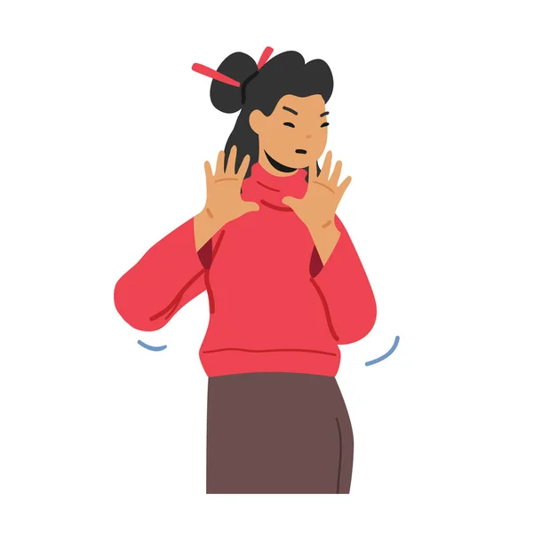 Mulher Asiática em Roupas Casuais Mostrando Recusa ou Parar Gesto com as Mãos Abertas frente do Baú Express Emoções Negativas — Vetor de Stock