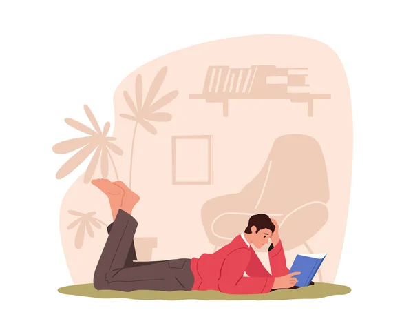 Чоловічий персонаж Отримання знань, освіти або читання концепції хобі. Людина лежить на підлозі читати книгу вдома — стоковий вектор