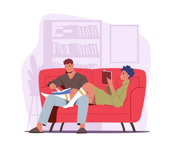 Los personajes jóvenes pasan tiempo libre juntos. Pareja Mujer y Hombre Sentado en el Sofá en el Hogar Lectura Libros, Ocio Relájese — Vector de stock