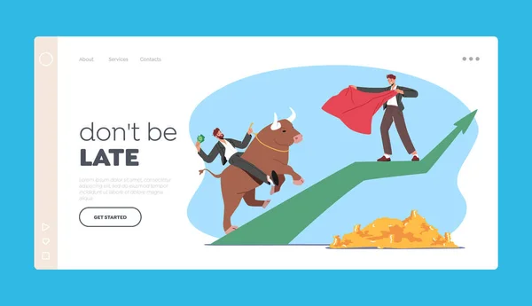 Trader Character Investment, Bullish Stock Market Trading Landing Page Template. Homme d'affaires Torero Tease Bull — Image vectorielle