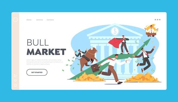 People Trading on Bull Stock Market Landing Page Template. Fonds d'analyse des courtiers ou des négociants en gens d'affaires — Image vectorielle