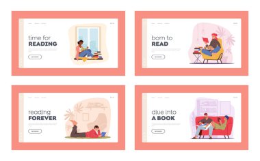Evde Okuyan İnsanlar, Eğitim Saati İniş Sayfa Şablonu Seti. Boş Zamanlar, Kitapla Kanepede Yatan Çift