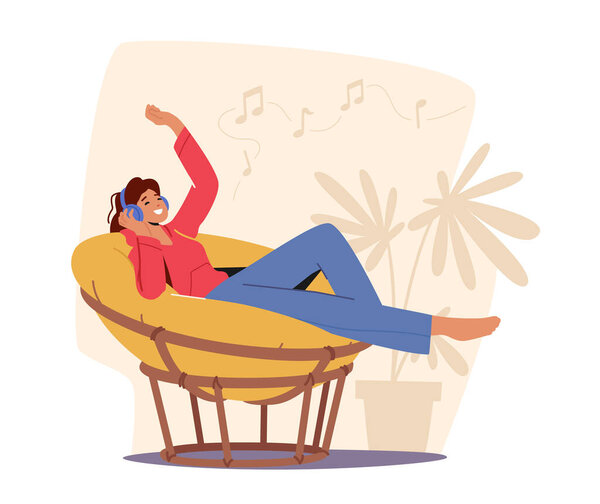Young Woman Listen Music in Headphones, Relax at Home on Armchair . Female Character Wearing Earphones Enjoying Sound