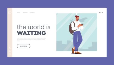 Tatil, Hava Seyahati İniş Sayfa Şablonu. Genç Erkek Karakter Akıllı Telefon ve Sırt Çantası Bekleme Uçağı Kaydı