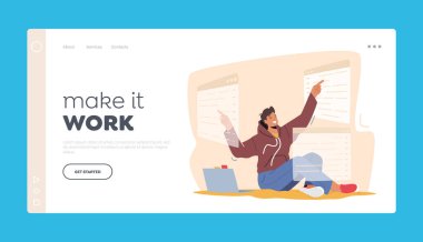 Uygulama Yazılım Geliştirme İniş Şablonu. Bilgisayar üzerinde çalışan Erkek Programcı ya da Gui Tasarımcı Karakteri