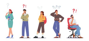 Ciddi Görevler Düşünen, Bilgi Arayan, Ünlem ve Soru İşaretli Erkek ve Kadın Karakterleri Ayarla