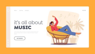 Dinlenme zamanı, Boş İniş Sayfası Şablonu. Genç kadın, kulaklıkla müzik dinle, evinde rahat ol.