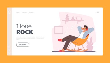 Kulaklıklı Genç Adam Rock Müzik İniş Şablonu 'nun keyfini çıkarıyor. Kulaklık takan Erkek Karakteri Gevşeme Zamanı