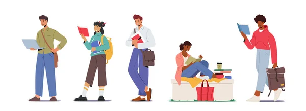 Schüler-Charakterset mit verschiedenen Taschen Umhängegürtel, Rucksack oder Rucksack, Handtasche. Männer und Frauen lesen — Stockvektor