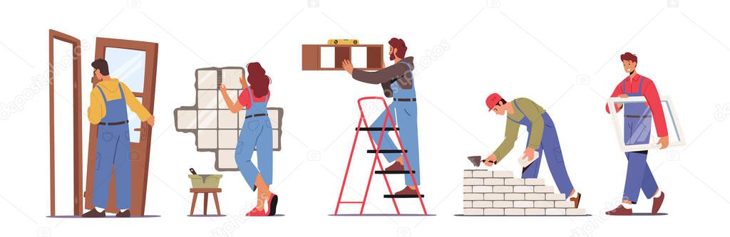 Set of People Work on Home Repair Installing Door, Window, Tiling Wall, Hanging Shelf and Laying Brick, Renovation vector