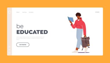 Eğitimli İniş Şablonu. Çanta okuma kitabı olan genç bir öğrenci karakteri. Üniversite veya Üniversite Eğitimi