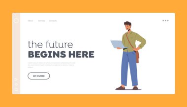 Uzaklık Çevrimiçi Eğitim, Elektronik Öğrenme, E-Kitap Kütüphanesi İniş Şablonu. Çantalı Erkek Öğrenci Karakteri