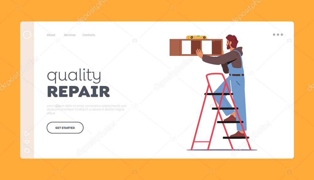 Furniture Assembly Service, Quality Repair Landing Page Template. Carpenter Worker with Level Tool Hanging Shelf on Wall