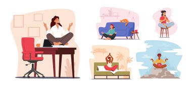 Huzurlu Kadın Meditasyonu seti. Sağlıklı Yaşam Tarzı, Rahatlama Duygusal Denge Konsepti
