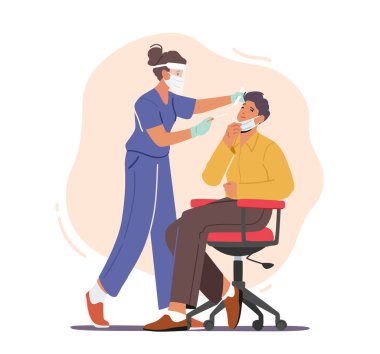 Laboratuvardaki Erkek Karakter 'den Hemşire Testi' ne gir Doktor Burun 'a Pamuk Örtüsü Sil. Sağlık Hizmetleri Konsepti