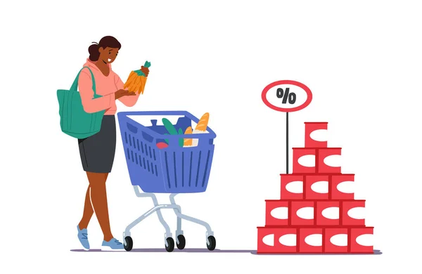 Kunde im Lebensmittelgeschäft oder Supermarkt mit Waren im Einkaufswagen, die ein Bündel Karotten in der Hand halten. Frau besucht Geschäft — Stockvektor