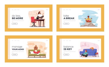 Huzurlu Kadınlar Ev, Ofis ve Dış Mekan İniş Şablonu Seti 'nde Meditasyon Yapıyor. Rahatlama, Uyum, Duygusal Denge