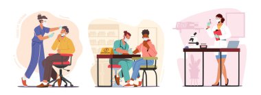 Geniş Burun Testi yapan ve Coronavirus hastalığına karşı aşı uygulayan bir grup insan. Karakterler Virüs Önleme